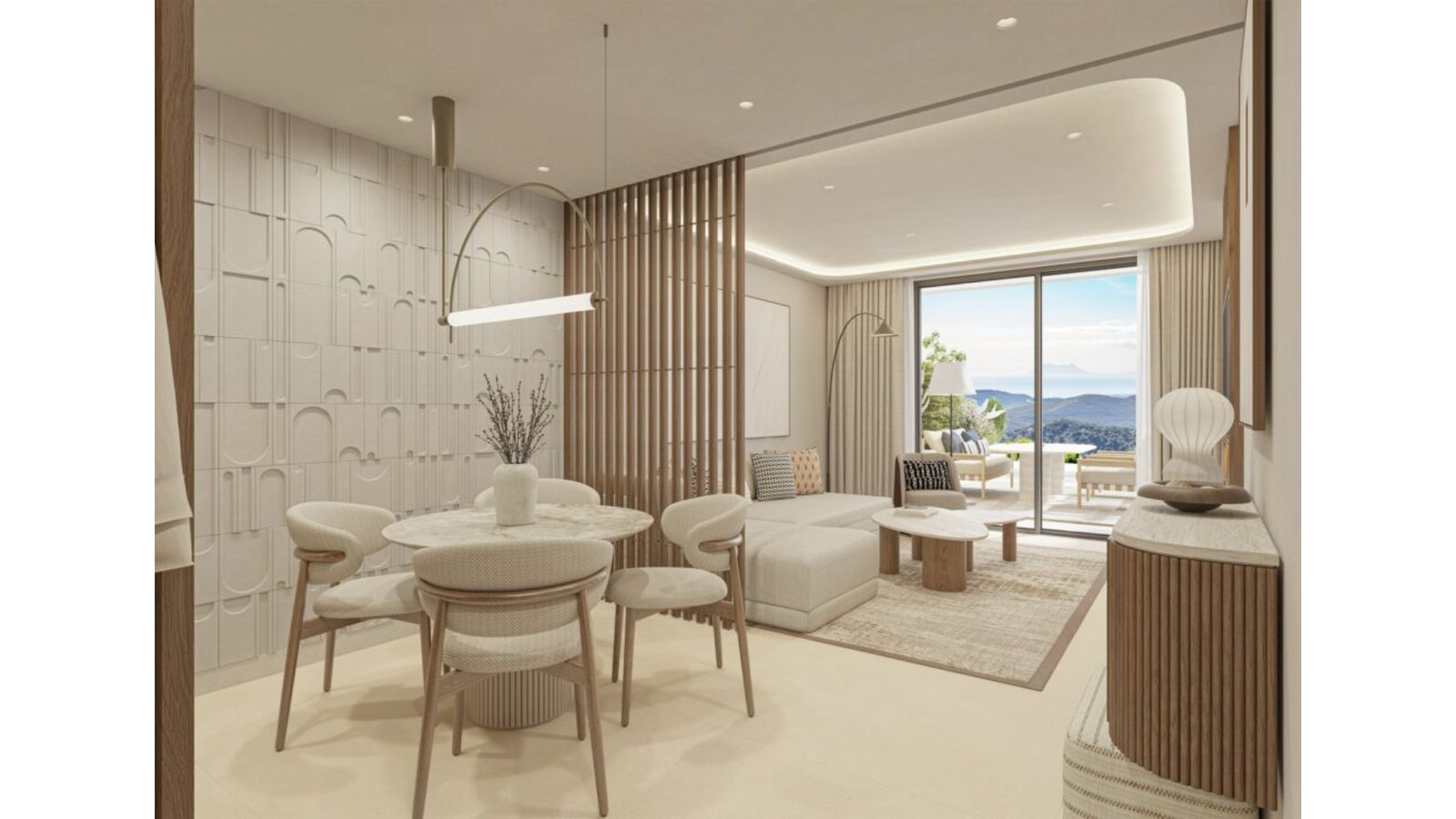 Heller Wohn- und Essbereich mit Aussicht in Azurean Marbella.